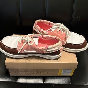 Timberland Girls Pink Brown White Plaid Boat Loafer Shoe
